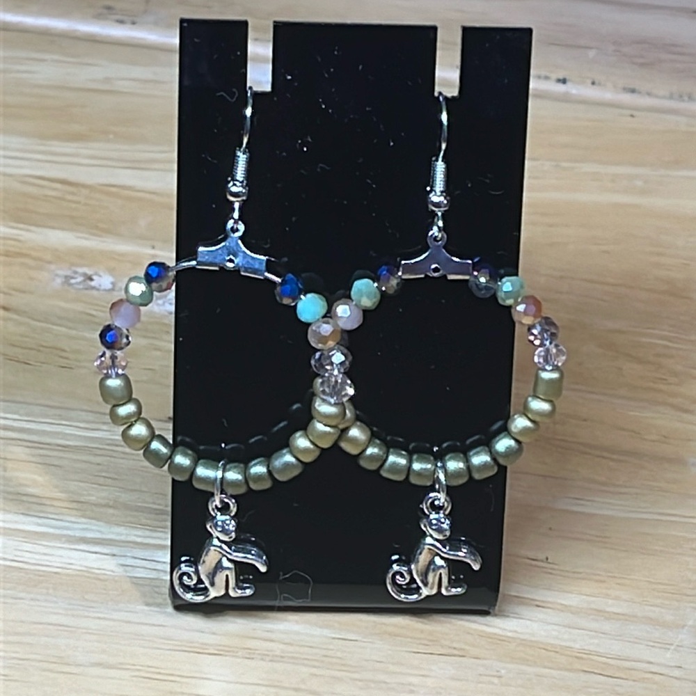 Handmade monkey hoop drop earrings